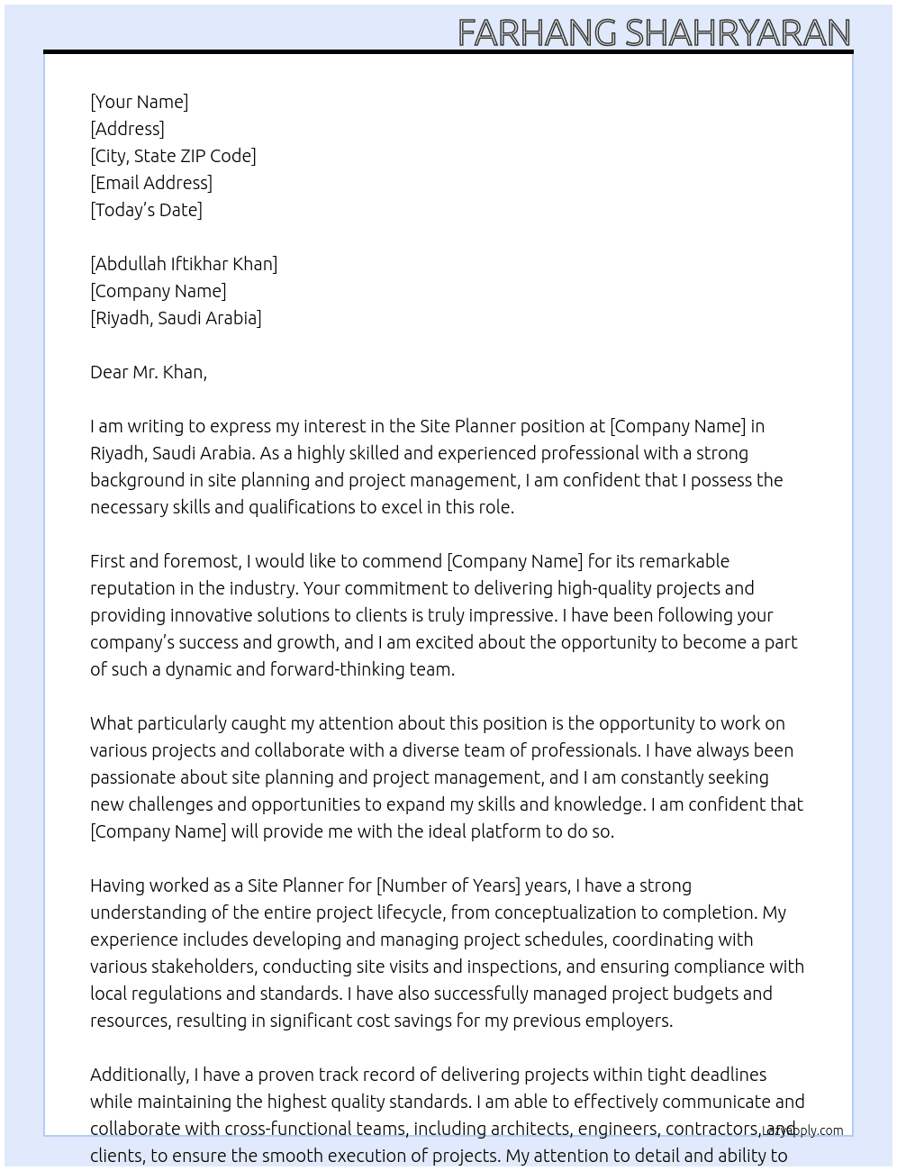 Cover letter for site planner - LazyApply