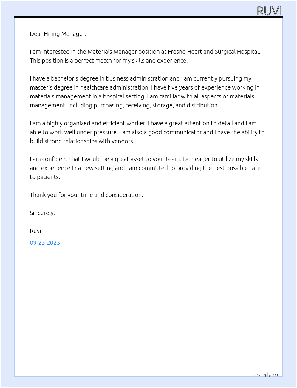 Materials Manager At Fresno Heart and Surgical Hospital  Cover Letter