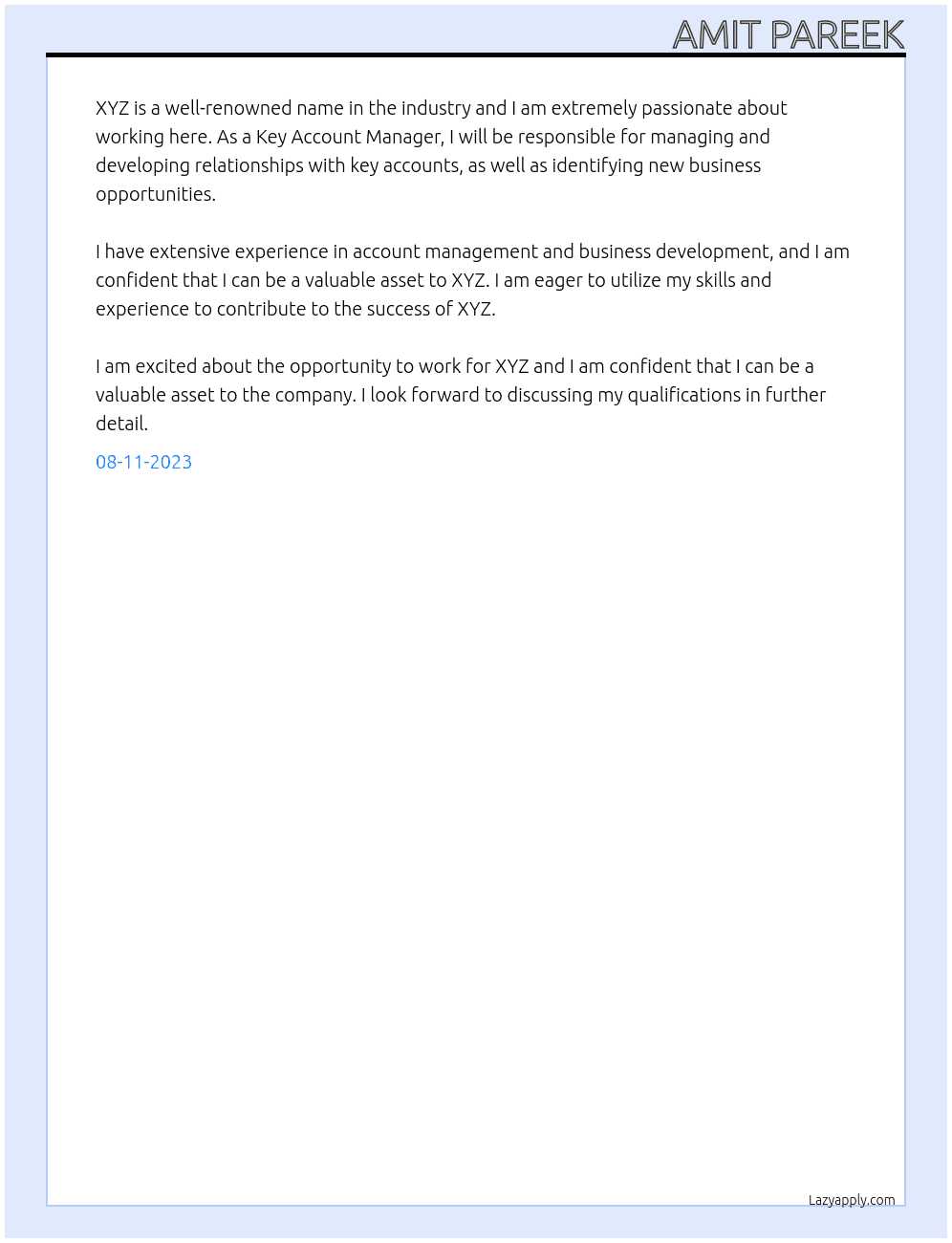 Key Account Manager At XYZ Cover Letter