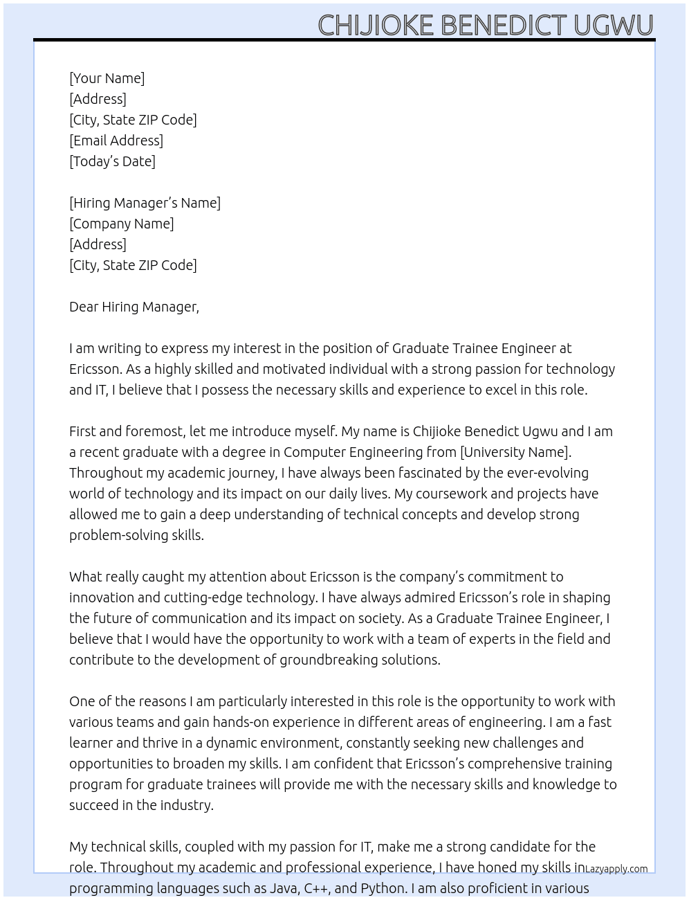 Graduate Trainee Engineer At Ericsson Cover Letter