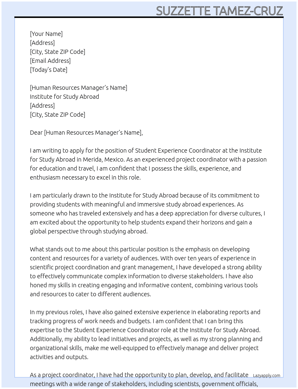 Cover letter for student experience coordinator - LazyApply