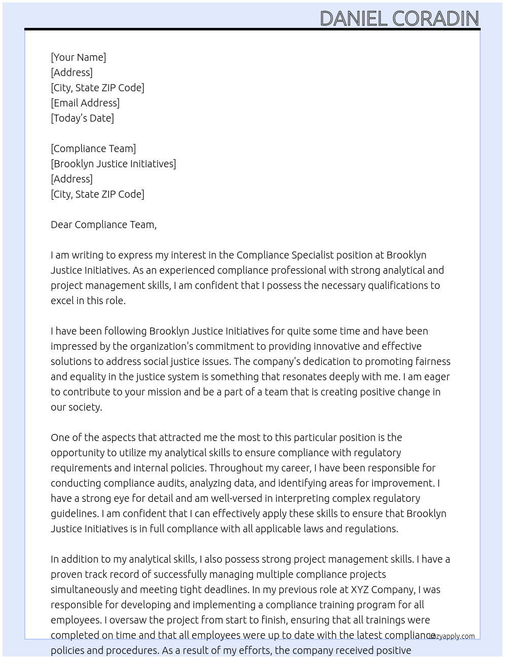 Compliance Specialists  At Brooklyn Justice Initiatives Cover Letter