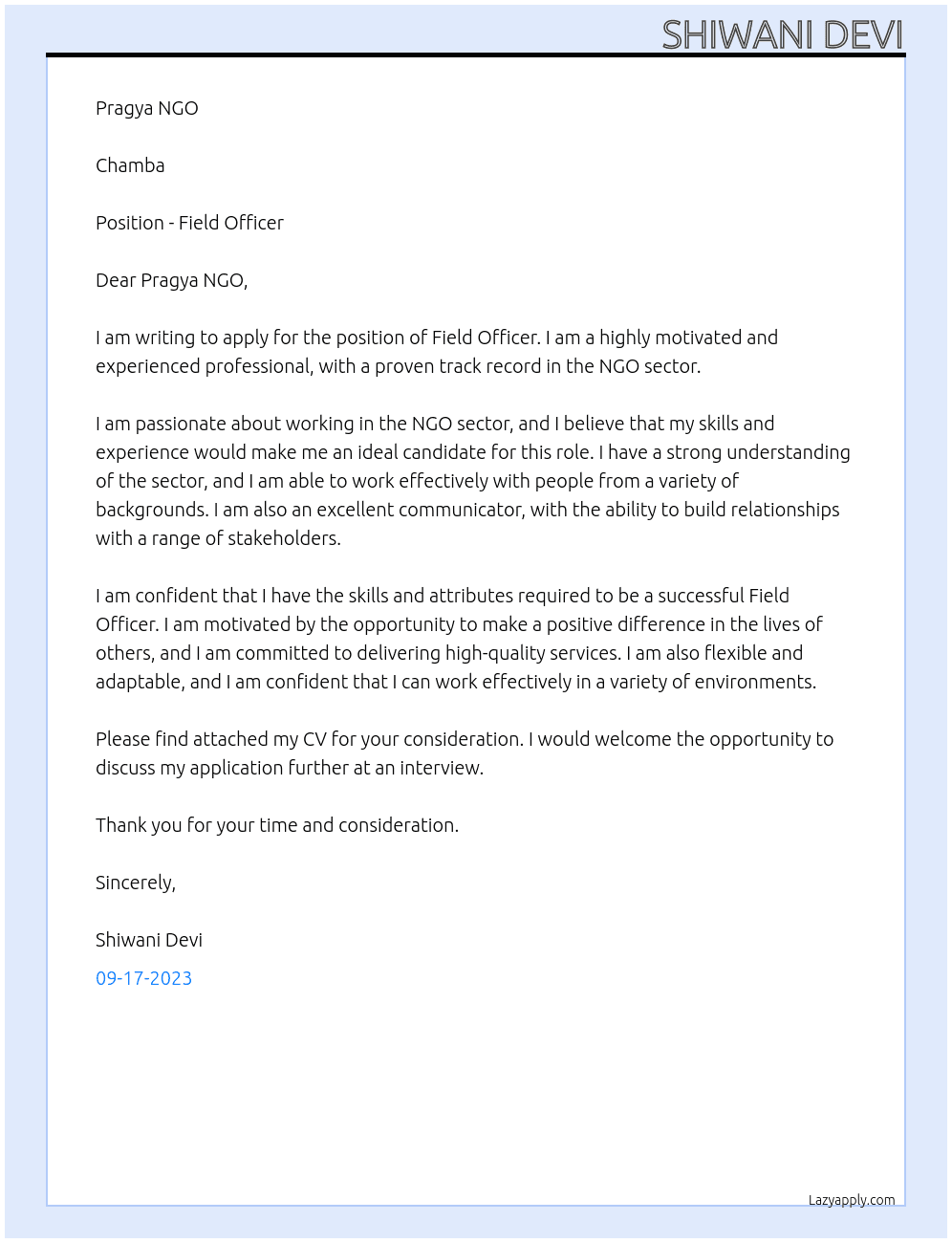 field officer At Pragya NGO Cover Letter