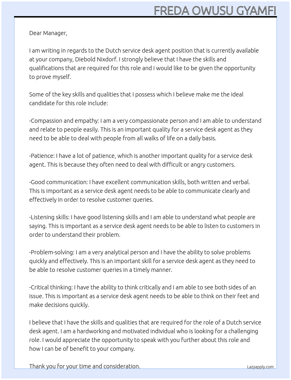 Dutch service desk agent At DIEBOLD NIXDORF Cover Letter