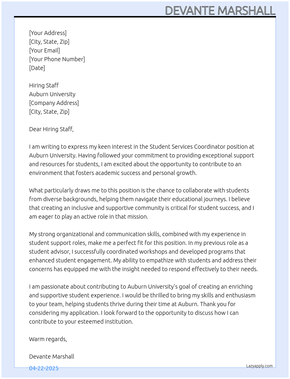 Student Services Coordinator  At Auburn University  Cover Letter