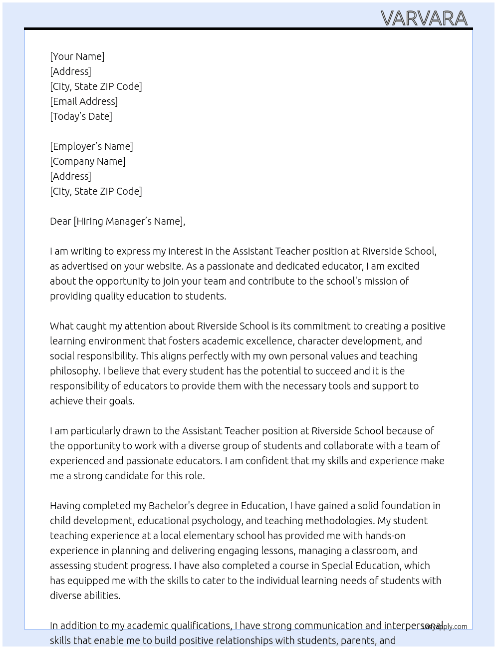 Assistant teacher  At Riverside School Cover Letter