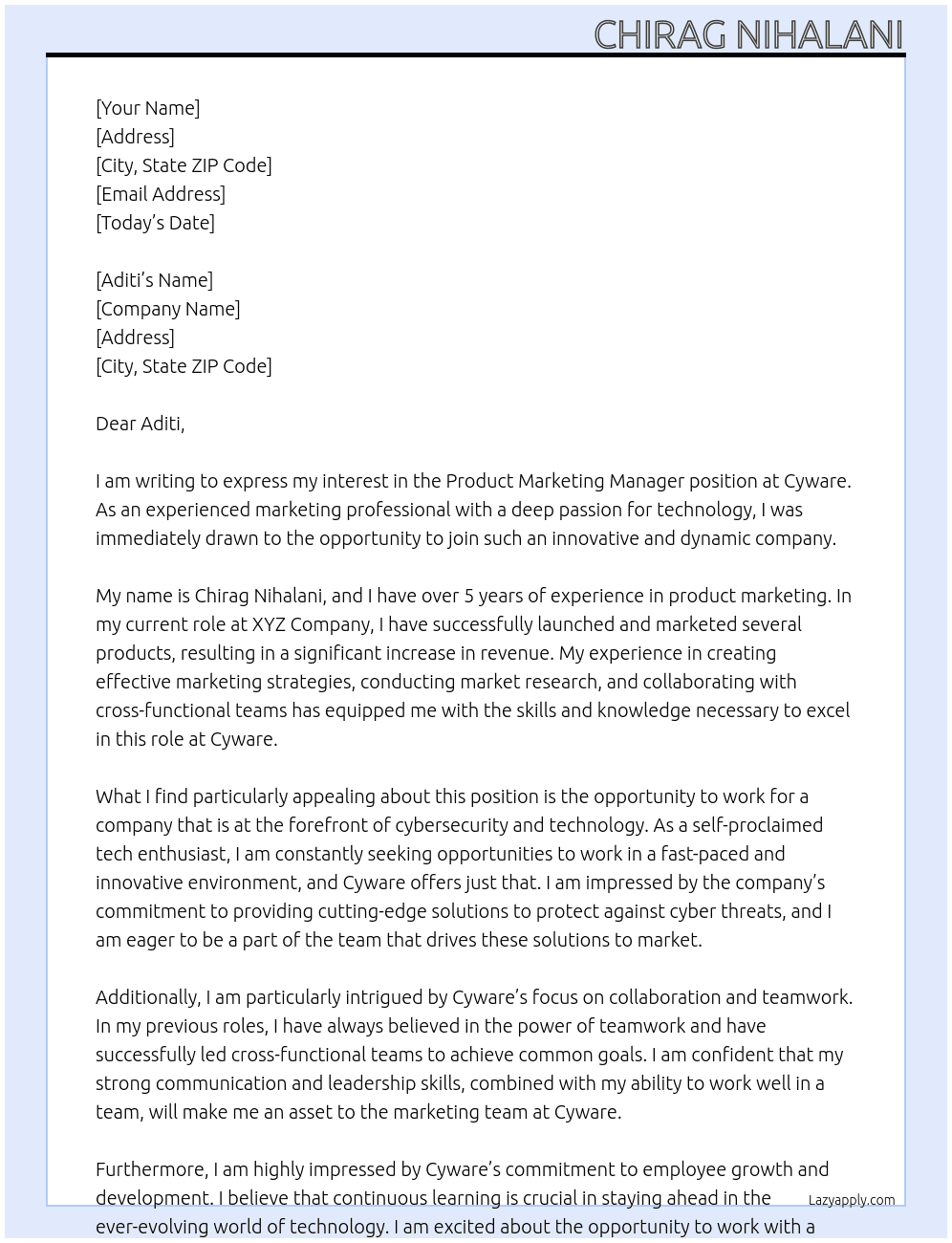 product marketing manager At Cyware Cover Letter