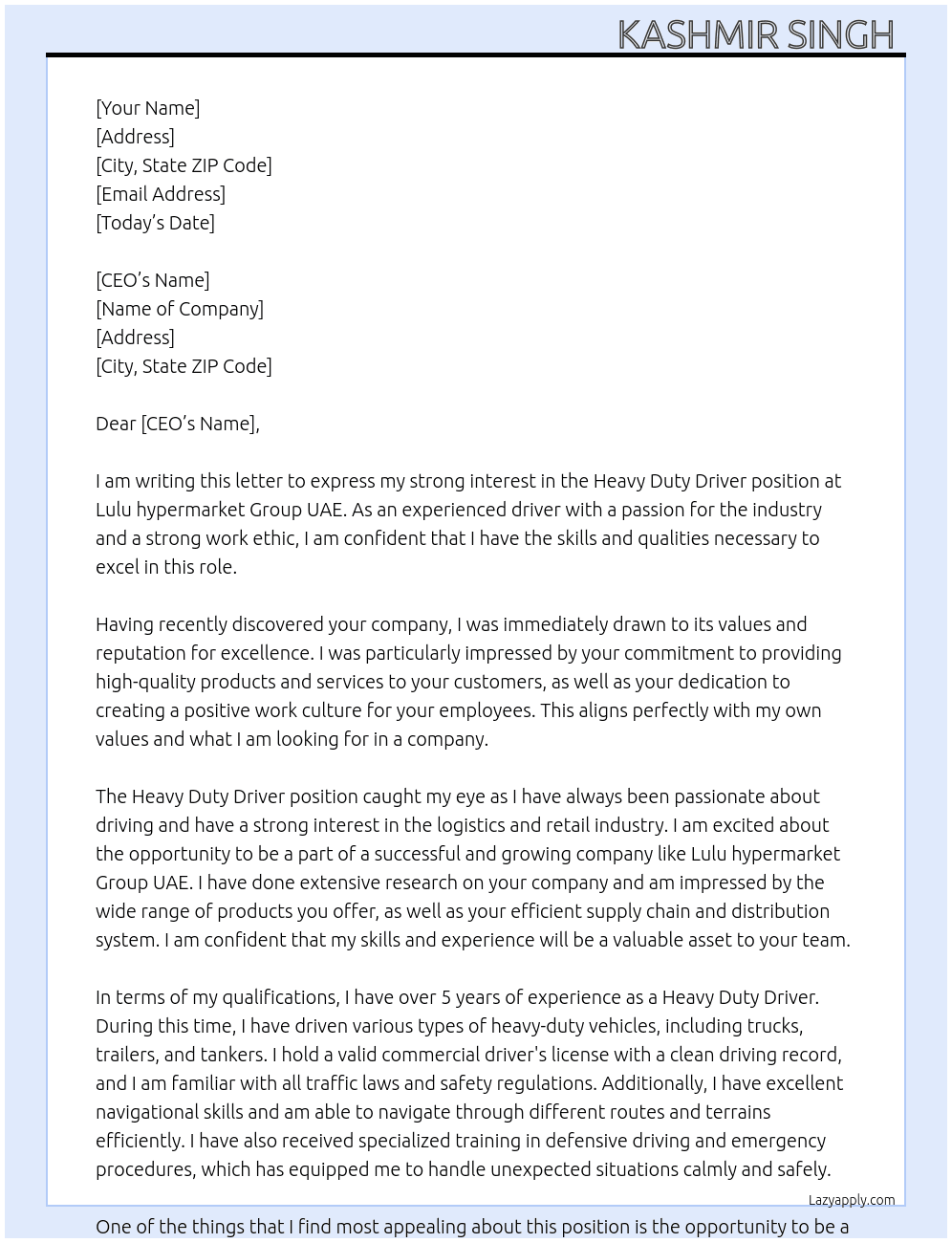 Heavy Duty Driver  At Lulu hypermarket Group UAE Cover Letter