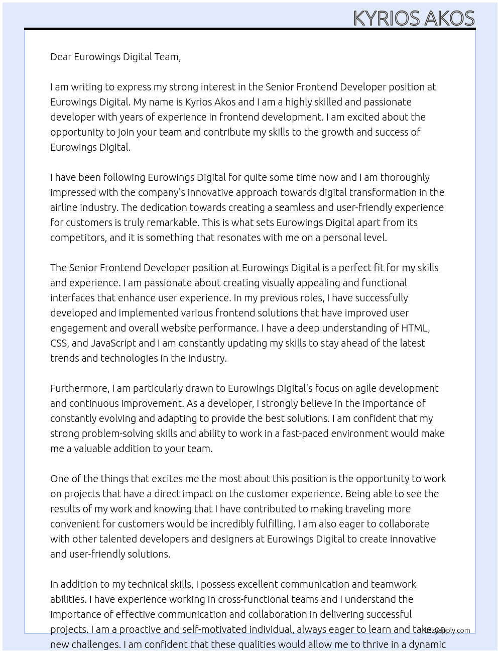 Senior Frontend Developer  At Eurowings Digital Cover Letter