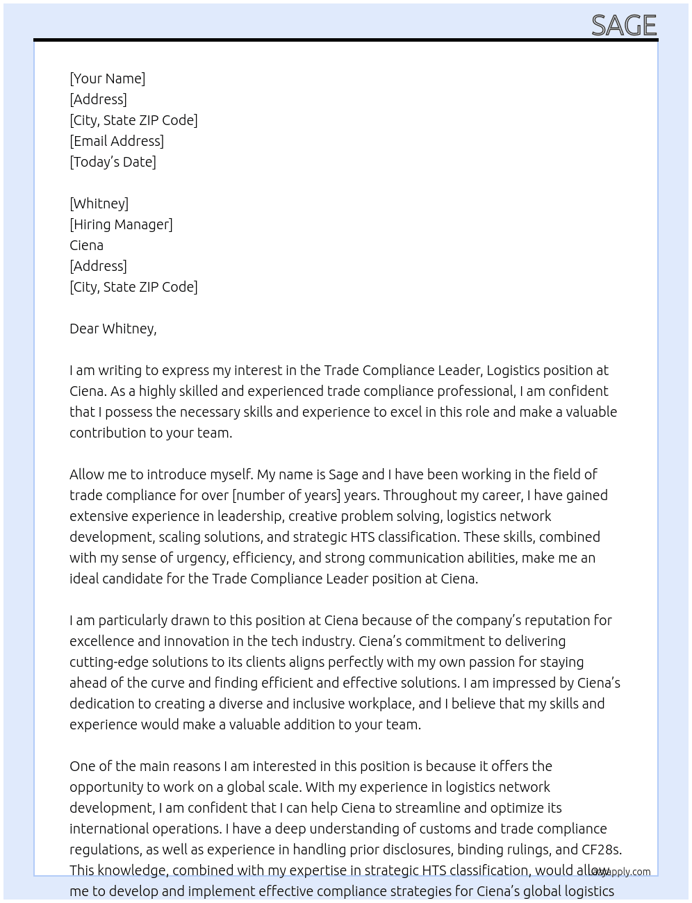 Trade Compliance Leader, Logistics At Ciena Cover Letter