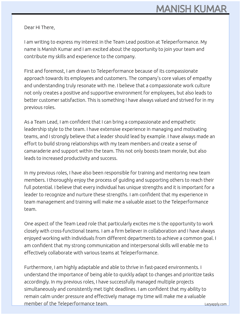 Team Lead At Teleperformance  Cover Letter