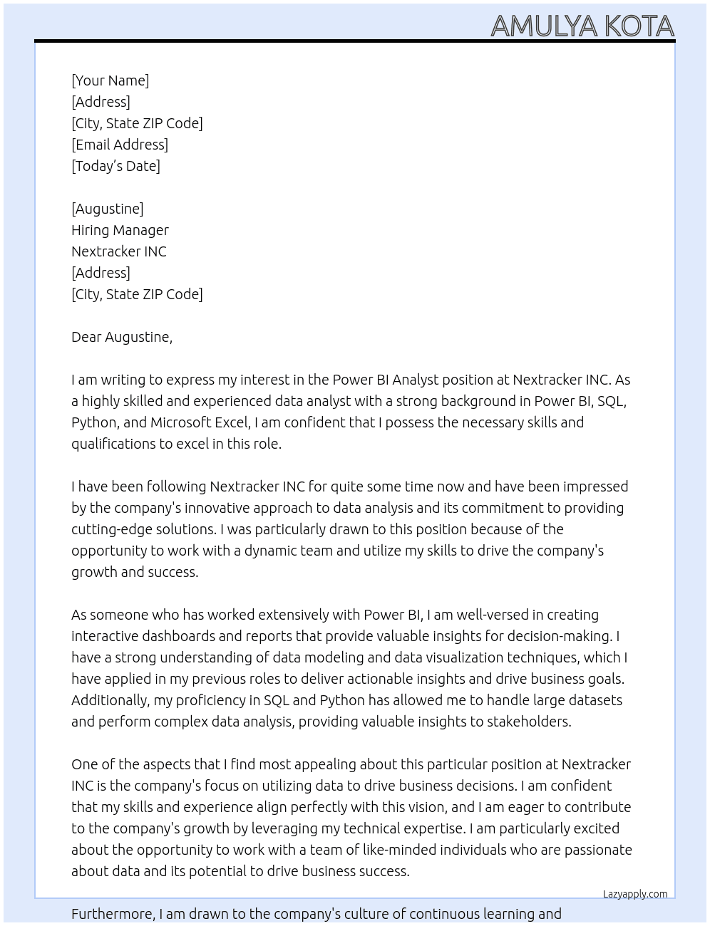 Power BI analyst At Nextracker INC Cover Letter