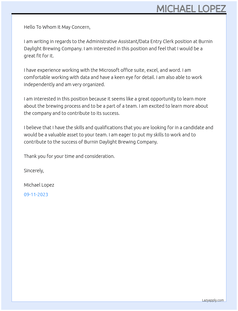 Administrative Assistant/Data Entry Clerk At Burnin Daylight Brewing Company Cover Letter
