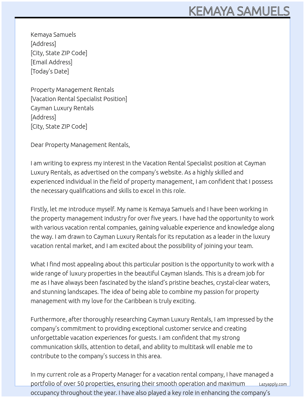 Vacation Rental Specialist  At Cayman Luxury Rentals  Cover Letter