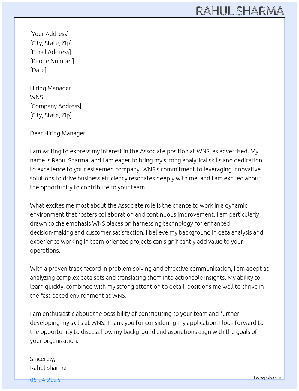 Associate  At WNS Cover Letter
