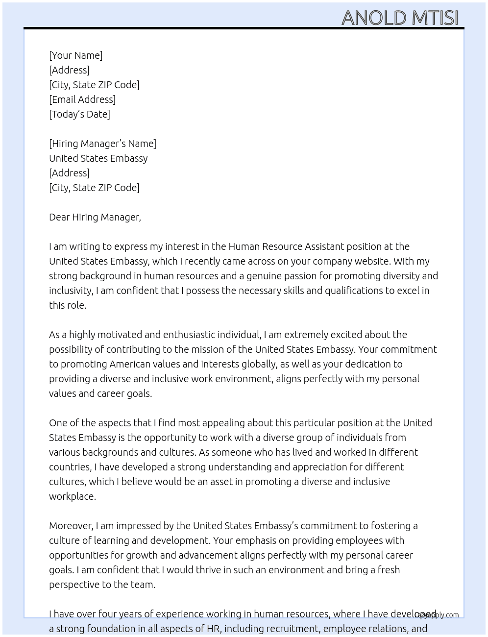 Human Resource Assistant  At United States embassy  Cover Letter