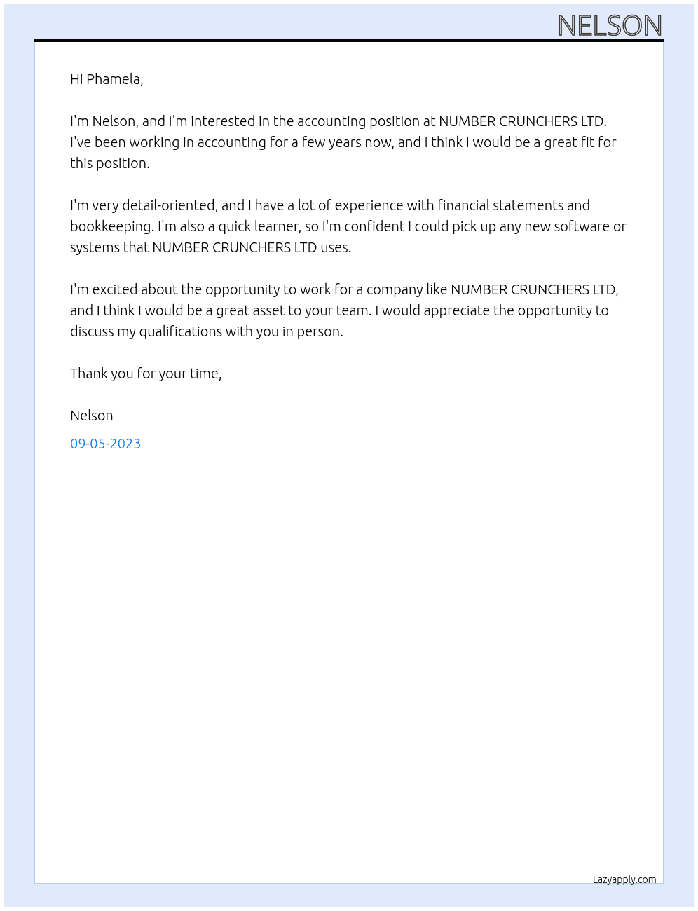 Accounting At NUMBER CRUNCHERS LTD Cover Letter