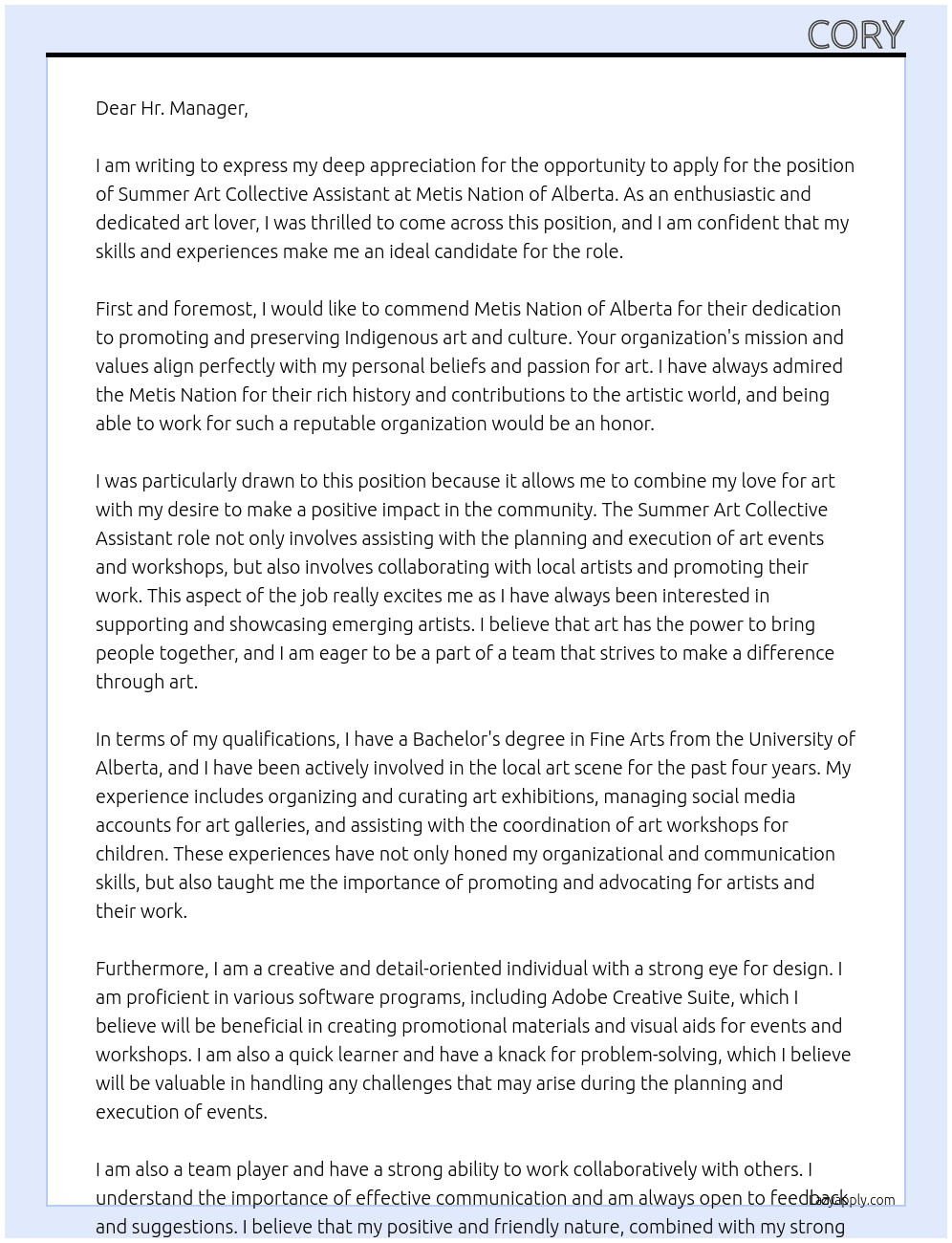 Summer Art Collective Assistant At Metis Nation of Alberta Cover Letter