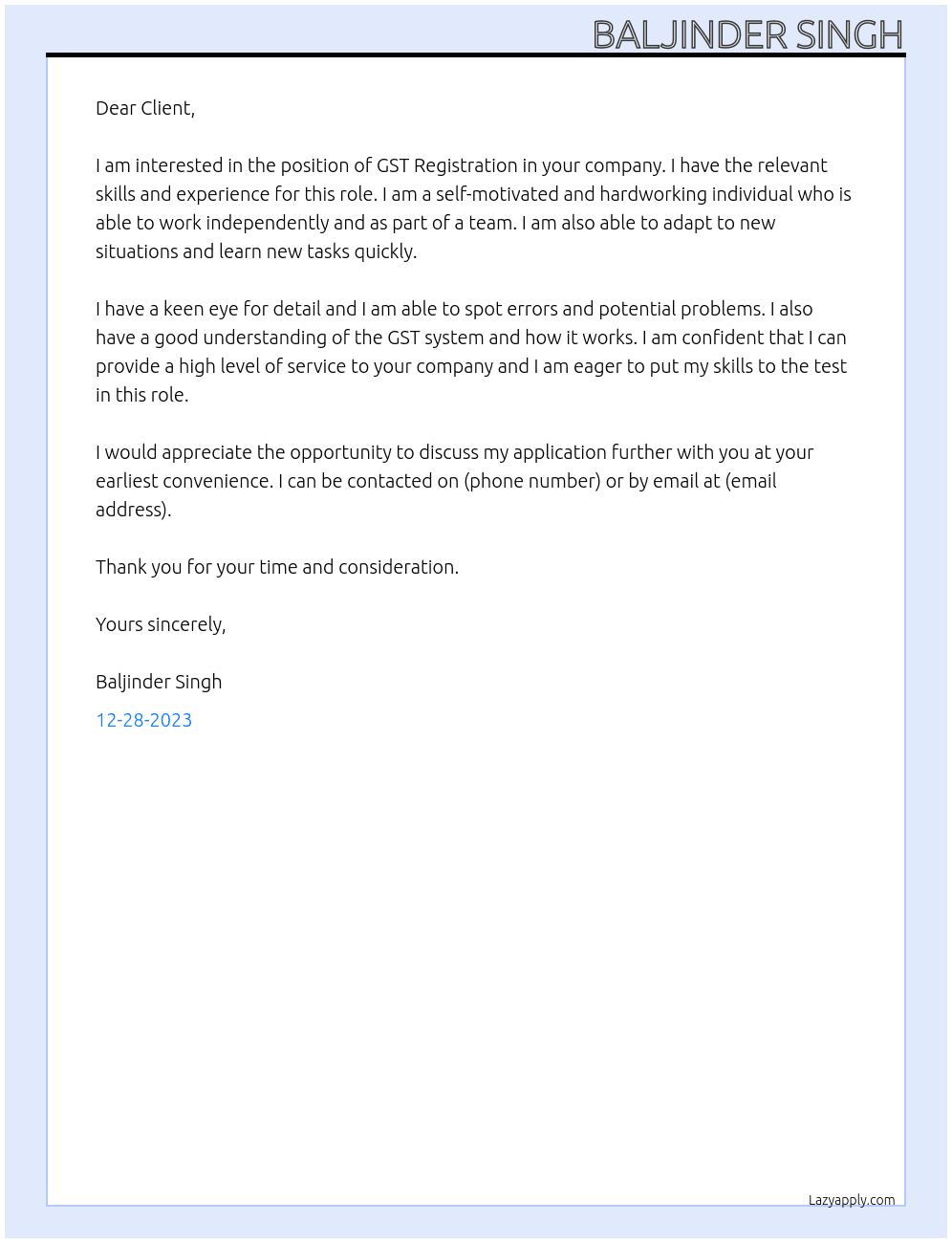 GST Registration At Indvidual Cover Letter