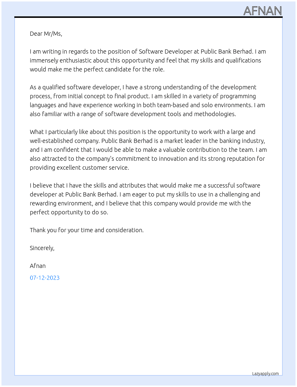 Software Developer At Public Bank Berhad Cover Letter