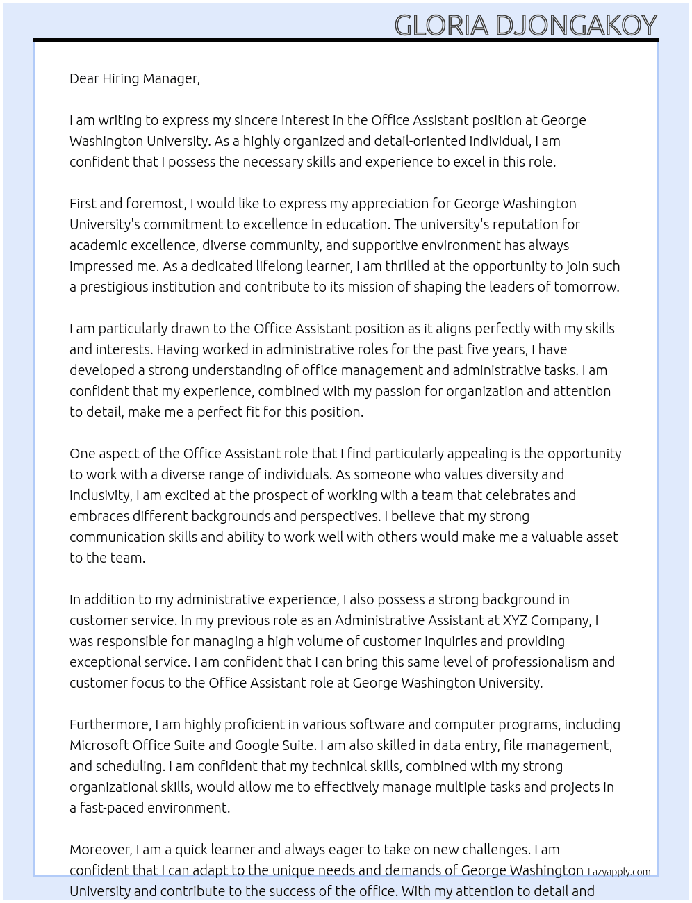 Office Assistant At George Washington University Cover Letter