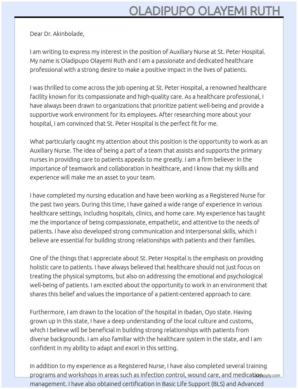 Auxiliary nurse  At St peter hospital  Cover Letter