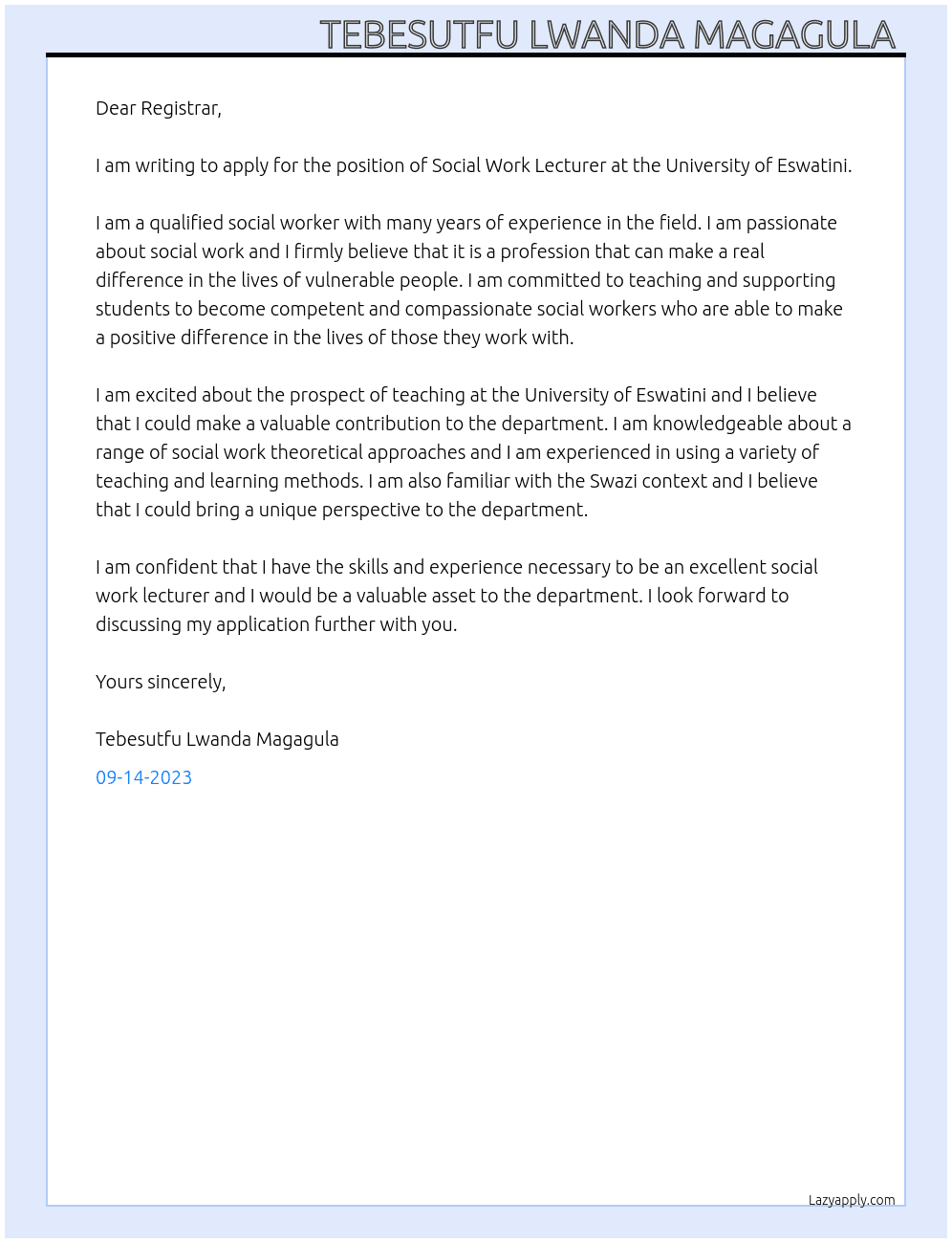 Social Work Lecturer  At University of Eswatini  Cover Letter