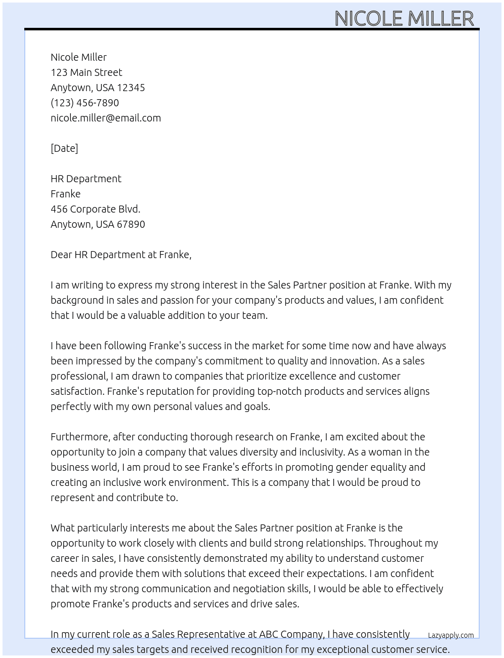 Sales Partner At Franke  Cover Letter