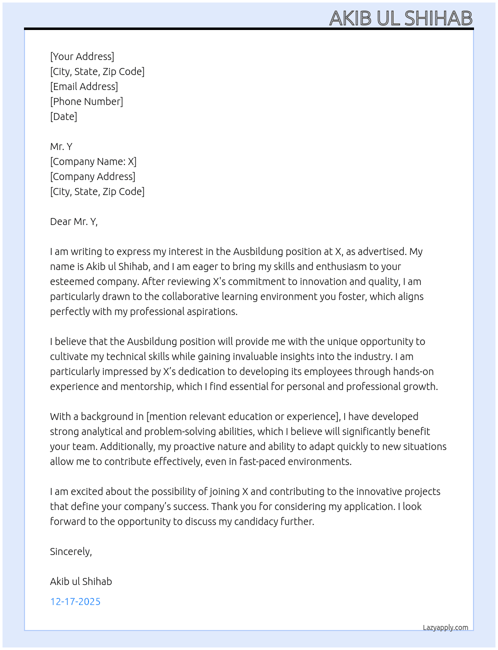 Cover letter for ausbildung - LazyApply