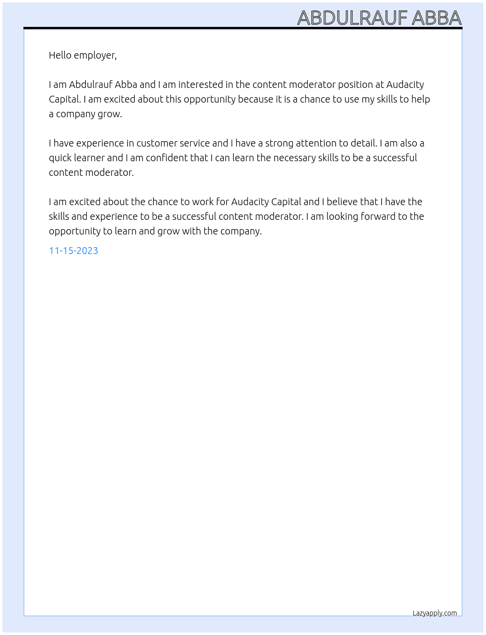Content Moderator At Audacity Capital Cover Letter