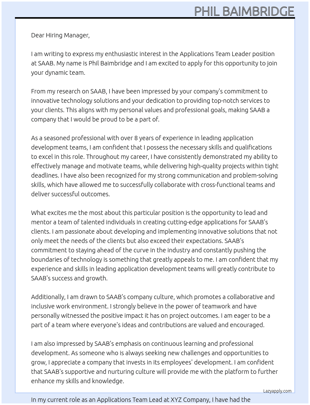Applications Team Leader At SAAB Cover Letter