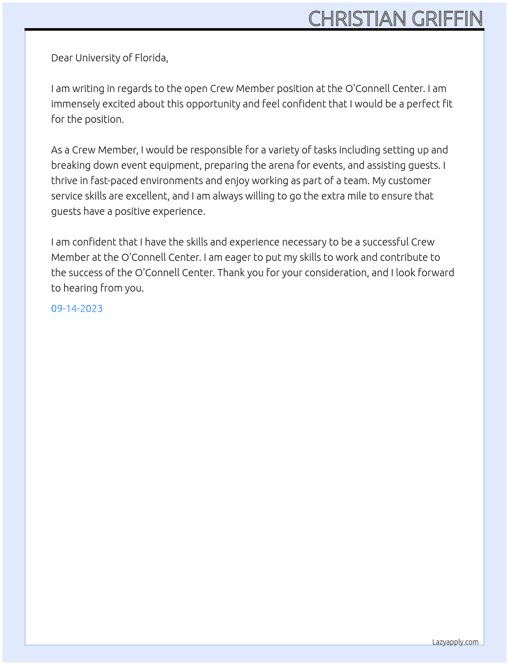 Crew Member At University of Florida Cover Letter