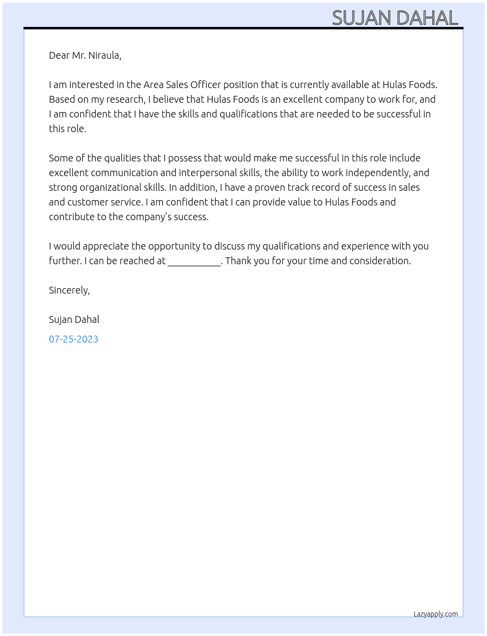 Area sales officer  At Hulas foods  Cover Letter