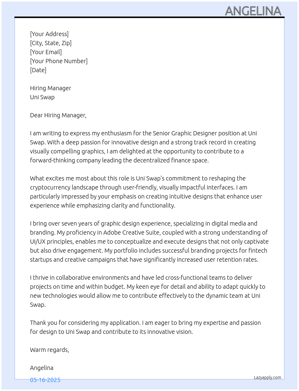senior graphic designer  At uni swap  Cover Letter