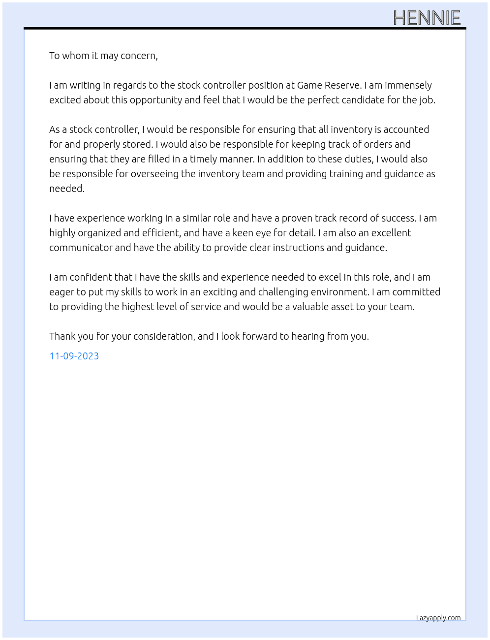 Stock Controller At Game Reserve Cover Letter