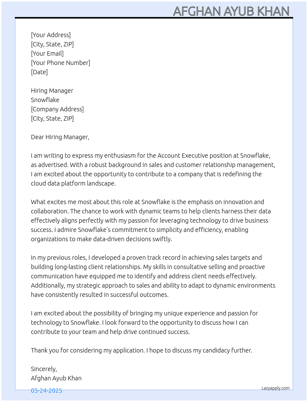 Account executive  At Snowflake  Cover Letter