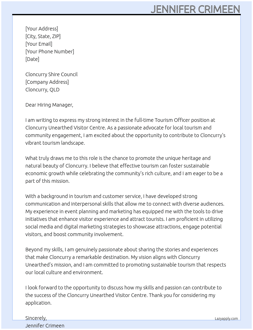tourism officer  At Cloncurry Unearthed visitor centre Cover Letter