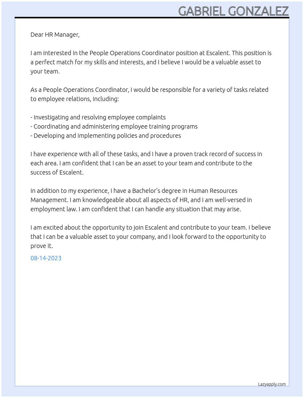 People Operations Coordinator At Escalent Cover Letter