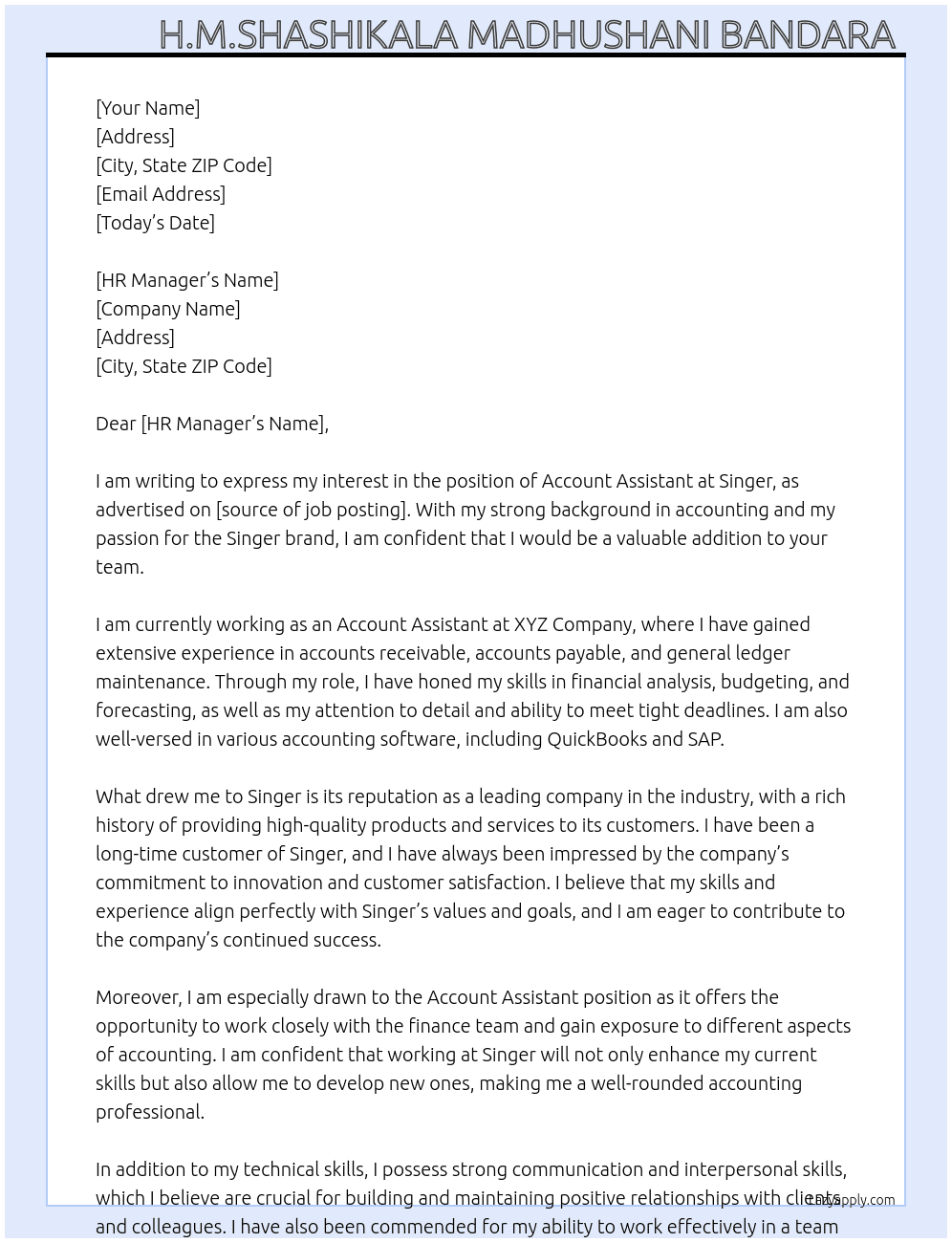 Account Assistant  At Singer  Cover Letter