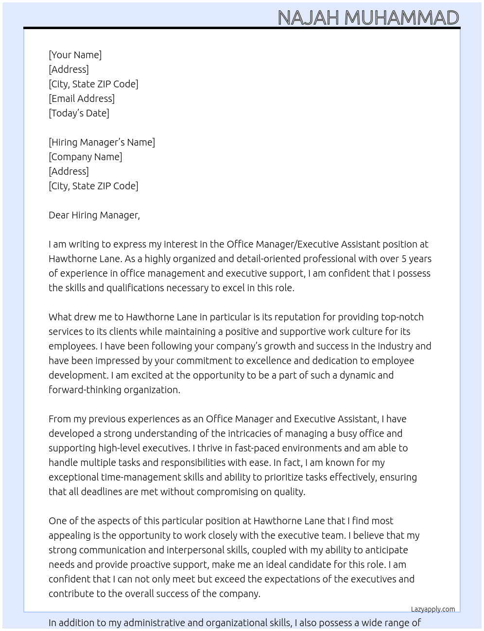 Office Manager/ Executive Assistant At Hawthorne Lane Cover Letter