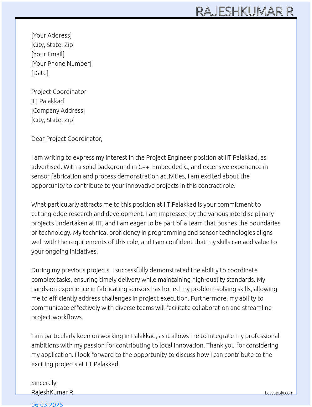 Project Engineer  At IIT Palakkad  Cover Letter