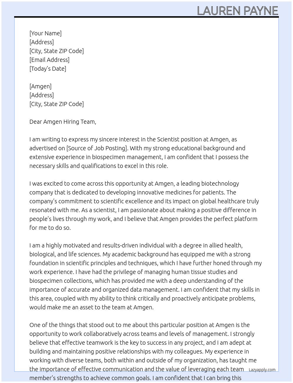 Scientist At Amgen Cover Letter