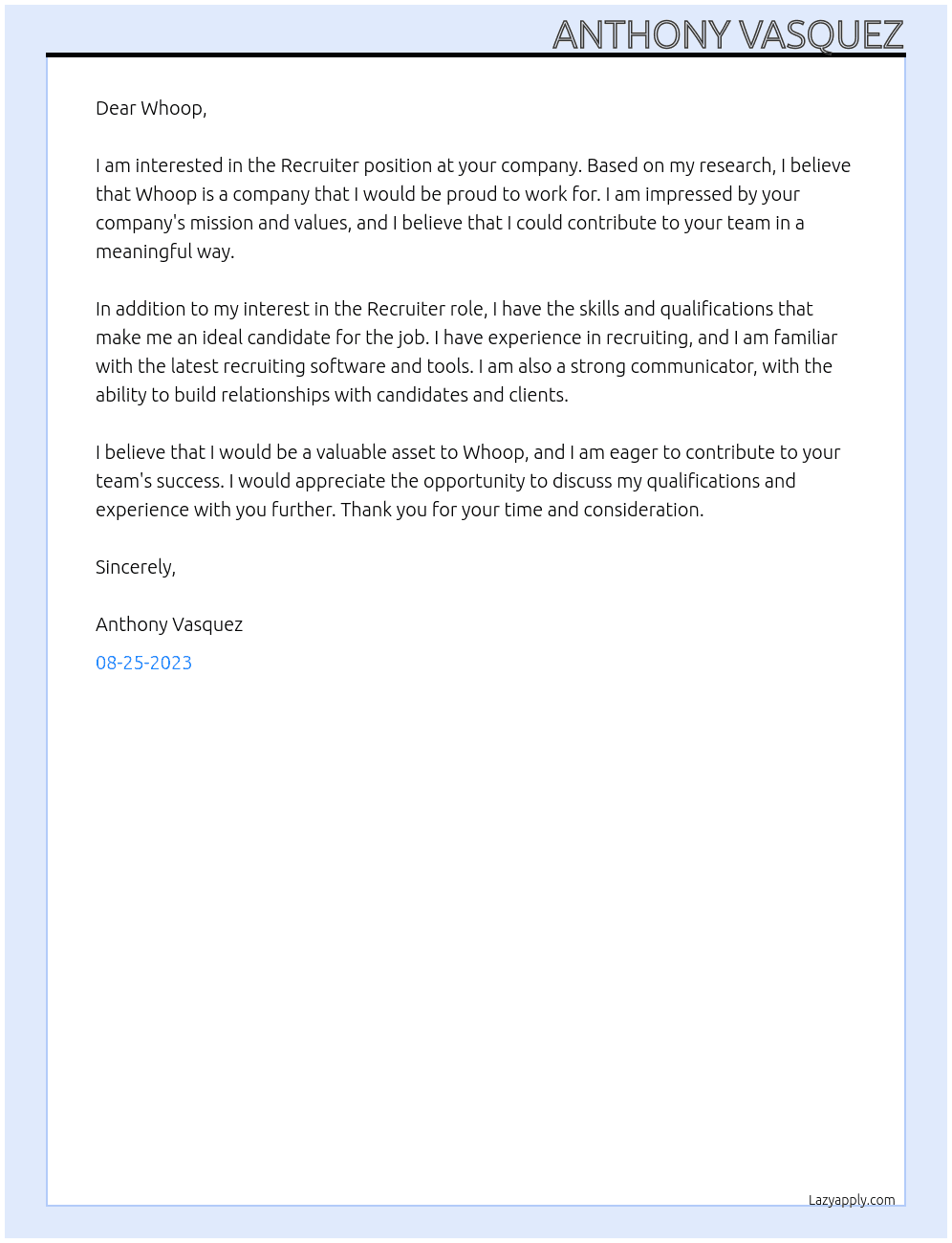 Recruiter At Whoop Cover Letter