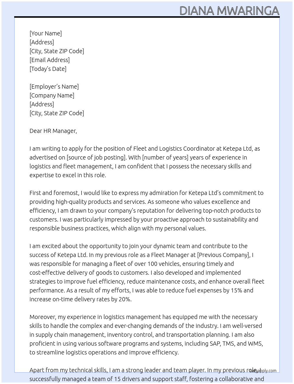 Fleet and Logistics Coordinator At Ketepa Ltd Cover Letter