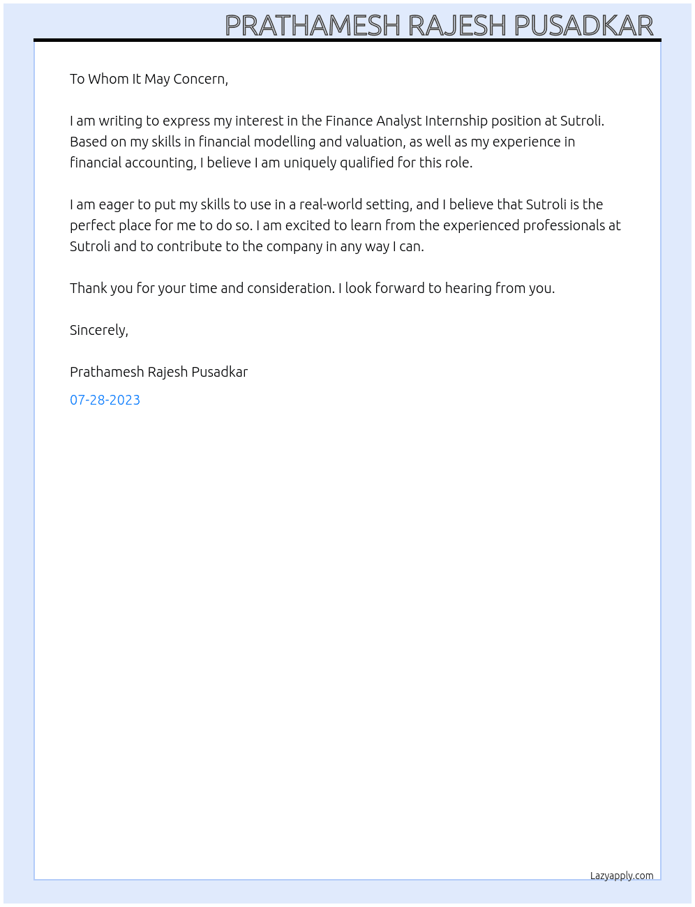 Finance analyst  At Sutroli  Cover Letter