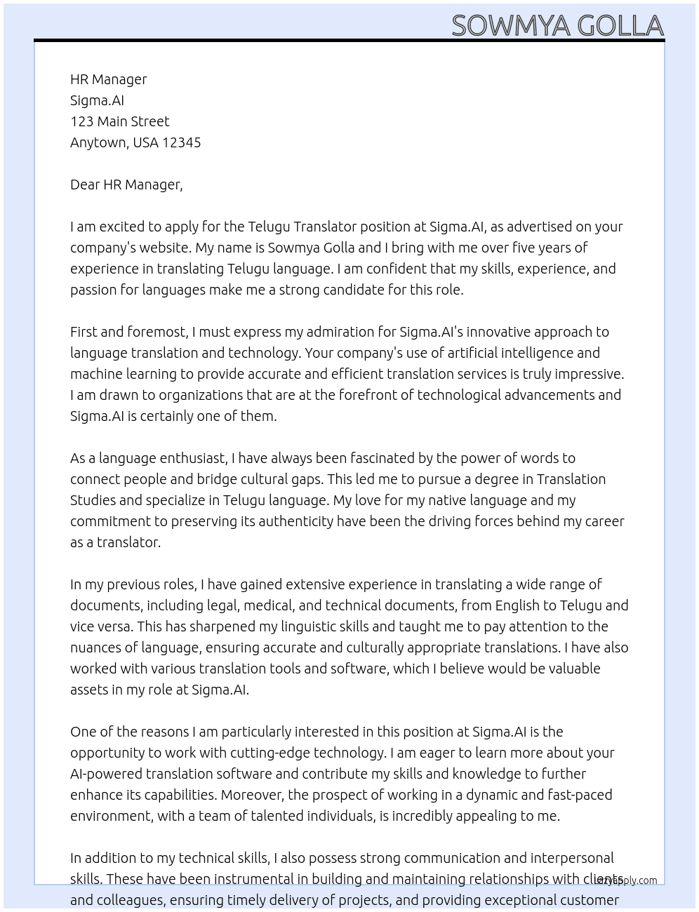 Telugu translator At Sigma.AI Cover Letter