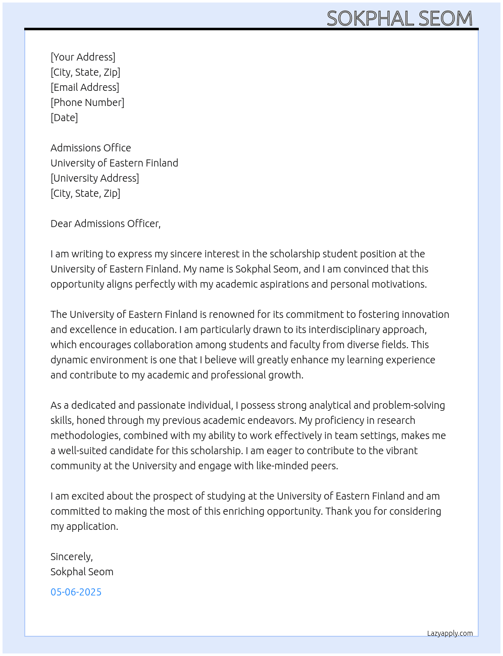 Scholarship student At University of Eastern Finland Cover Letter