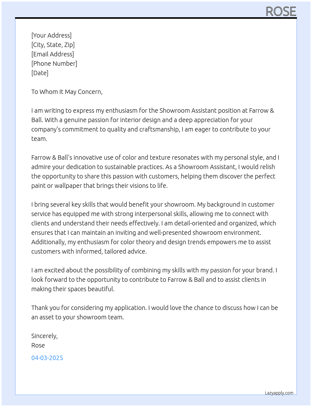 Showroom Assistant At Farrow & Ball Cover Letter