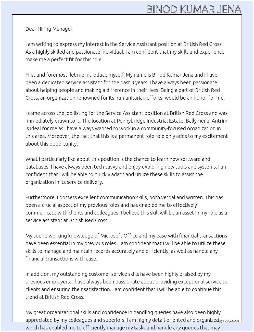 Service Assistant At British Red cross Cover Letter