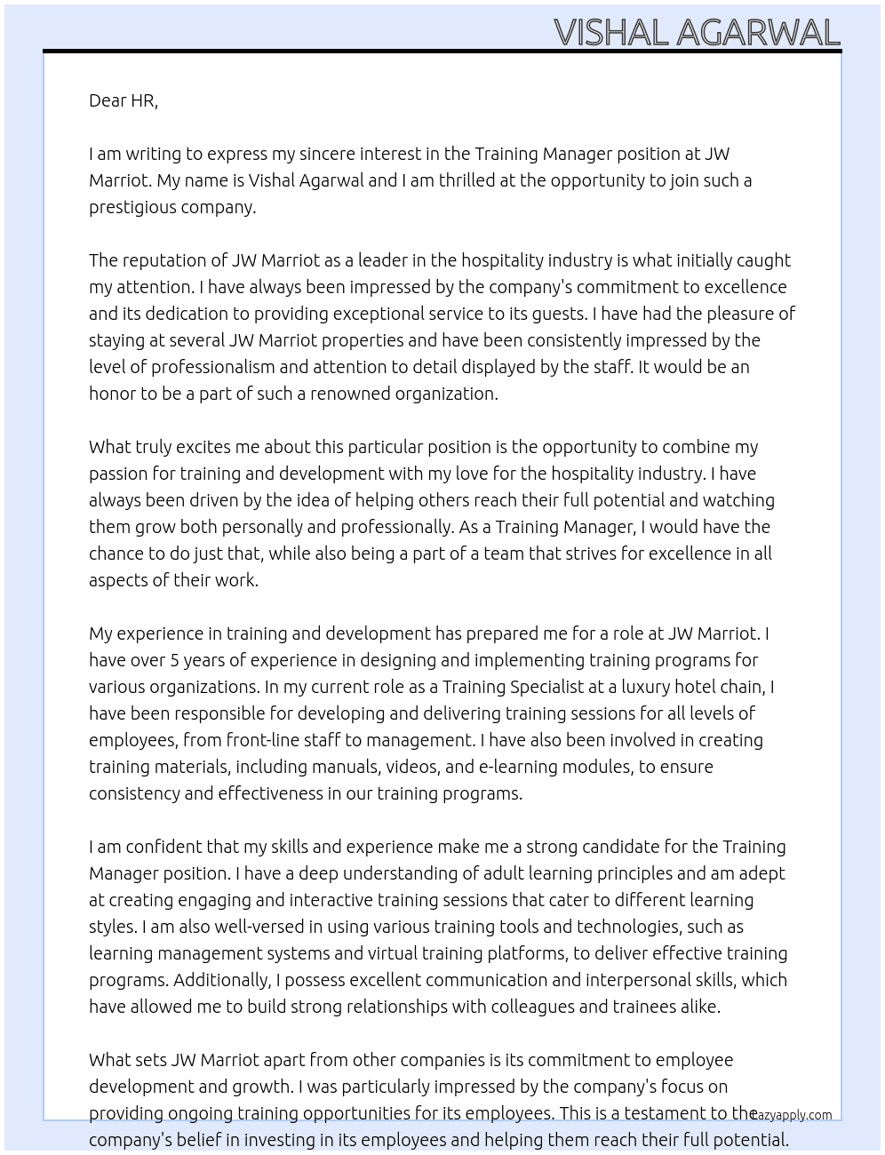 Training manager At JW Marriot Cover Letter